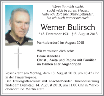 Traueranzeige von Werner Bulirsch von Allgäuer Zeitung, Marktoberdorf