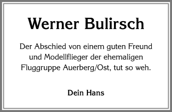 Traueranzeige von Werner Bulirsch von Allgäuer Zeitung, Marktoberdorf
