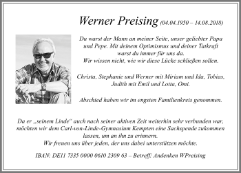 Traueranzeige von Werner Preising von Allgäuer Zeitung,Kempten