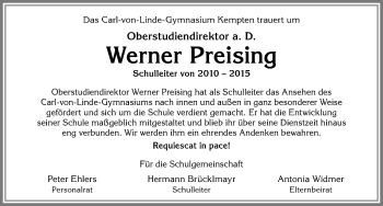 Traueranzeige von Werner Preising von Allgäuer Zeitung,Kempten