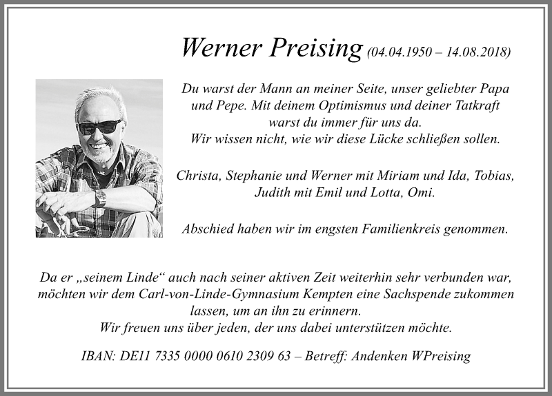  Traueranzeige für Werner Preising vom 22.08.2018 aus Allgäuer Zeitung,Kempten