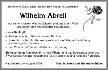 Traueranzeige von Wilhelm Abrell von Allgäuer Zeitung, Kaufbeuren/Buchloe