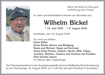 Traueranzeige von Wilhelm Bickel von Allgäuer Anzeigeblatt