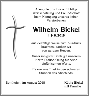 Traueranzeige von Wilhelm Bickel von Allgäuer Anzeigeblatt