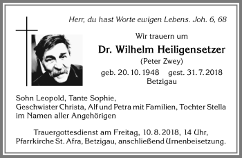 Traueranzeige von Wilhelm Heiligensetzer von Allgäuer Zeitung,Kempten