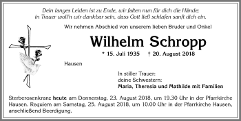Traueranzeige von Wilhelm Schropp von Allgäuer Zeitung, Kaufbeuren/Buchloe