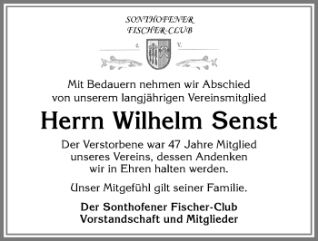 Traueranzeige von Wilhelm Senst von Allgäuer Anzeigeblatt