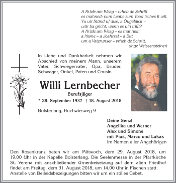 Traueranzeige von Willi Lernbecher von Allgäuer Anzeigeblatt