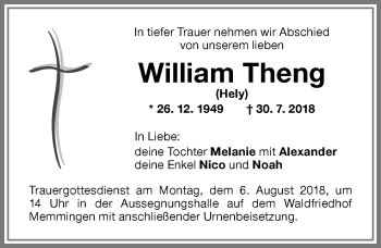 Traueranzeige von William Theng von Memminger Zeitung
