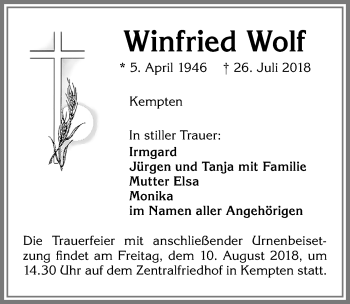 Traueranzeige von Winfried Wolf von Allgäuer Zeitung,Kempten