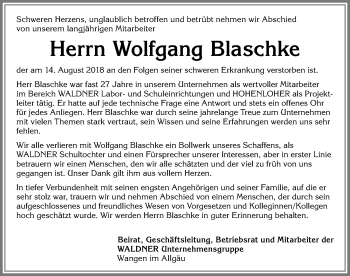Traueranzeige von Wolfgang Blaschke von Memminger Zeitung