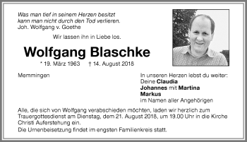 Traueranzeige von Wolfgang Blaschke von Memminger Zeitung