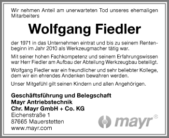 Traueranzeige von Wolfgang Fiedler von Allgäuer Zeitung