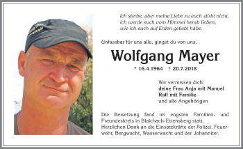 Traueranzeige von Wolfgang Mayer von Allgäuer Anzeigeblatt