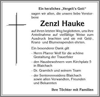 Traueranzeige von Zenzl Hauke von Allgäuer Anzeigeblatt