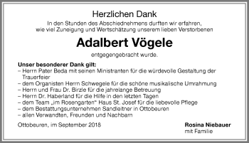Traueranzeige von Adalbert Vögele von Memminger Zeitung
