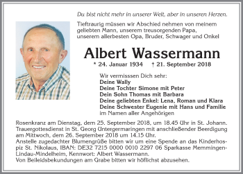 Traueranzeige von Albert Wassermann von Allgäuer Zeitung, Kaufbeuren/Buchloe