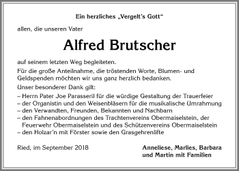 Traueranzeige von Alfred Brutscher von Allgäuer Anzeigeblatt