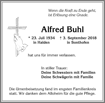 Traueranzeige von Alfred Buhl von Allgäuer Anzeigeblatt