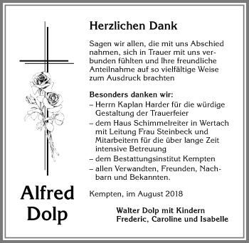 Traueranzeige von Alfred Dolp von Allgäuer Zeitung,Kempten