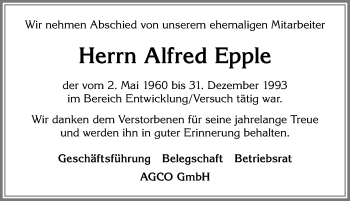 Traueranzeige von Alfred Epple von Allgäuer Zeitung, Marktoberdorf