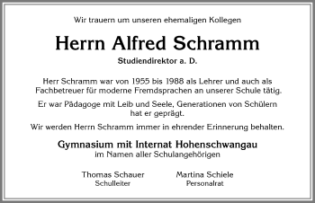 Traueranzeige von Alfred Schramm von Allgäuer Zeitung, Füssen