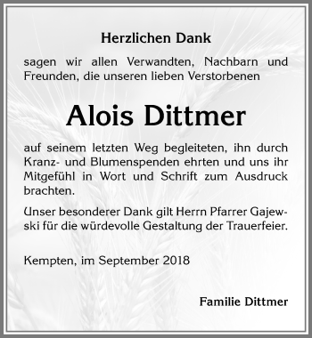 Traueranzeige von Alois Dittmer von Allgäuer Zeitung,Kempten