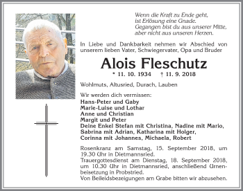 Traueranzeige von Alois Fleschutz von Allgäuer Zeitung,Kempten