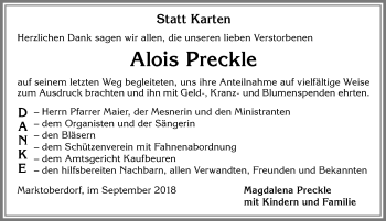 Traueranzeige von Alois Preckle von Allgäuer Zeitung, Marktoberdorf