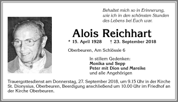 Traueranzeige von Alois Reichhart von Allgäuer Zeitung, Kaufbeuren/Buchloe