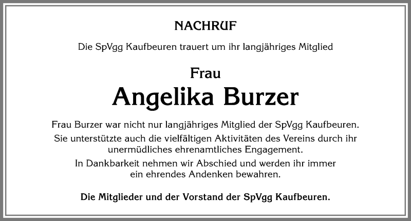  Traueranzeige für Angelika Burzer vom 06.09.2018 aus Allgäuer Zeitung, Kaufbeuren/Buchloe