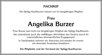 Traueranzeige von Angelika Burzer von Allgäuer Zeitung, Kaufbeuren/Buchloe