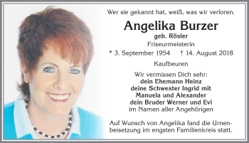 Traueranzeige von Angelika Burzer von Allgäuer Zeitung, Kaufbeuren/Buchloe