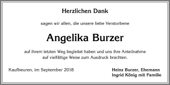 Traueranzeige von Angelika Burzer von Allgäuer Zeitung, Kaufbeuren/Buchloe