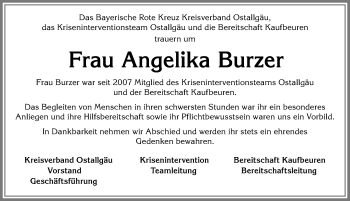 Traueranzeige von Angelika Burzer von Allgäuer Zeitung, Kaufbeuren/Buchloe