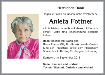 Traueranzeige von Anieta Fottner von Allgäuer Zeitung,Kempten