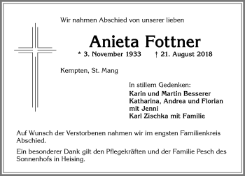 Traueranzeige von Anieta Fottner von Allgäuer Zeitung,Kempten