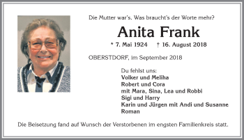 Traueranzeige von Anita Frank von Allgäuer Anzeigeblatt