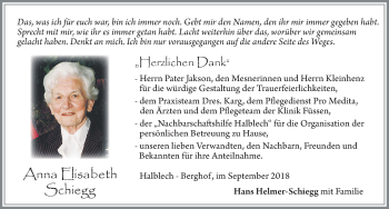 Traueranzeige von Anna-Elisabeth Schiegg von Allgäuer Zeitung, Füssen