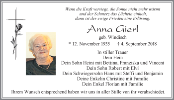 Traueranzeige von Anna Gierl von Allgäuer Zeitung, Füssen