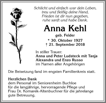 Traueranzeige von Anna Kehl von Allgäuer Zeitung, Kaufbeuren/Buchloe