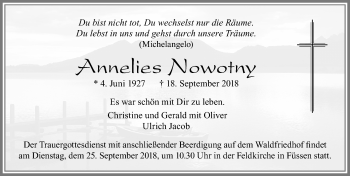 Traueranzeige von Annelies Nowotny von Allgäuer Zeitung, Füssen
