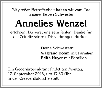 Traueranzeige von Annelies Wenzel von Allgäuer Zeitung, Kaufbeuren/Buchloe