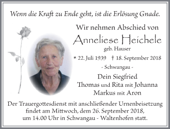 Traueranzeige von Anneliese Heichele von Allgäuer Zeitung, Füssen