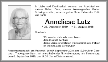 Traueranzeige von Anneliese Lutz von Allgäuer Zeitung,Kempten