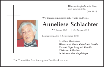 Traueranzeige von Anneliese Schlachter von Der Westallgäuer