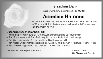 Traueranzeige von Annelise Hammer von Memminger Zeitung