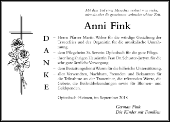 Traueranzeige von Anni Fink von Der Westallgäuer