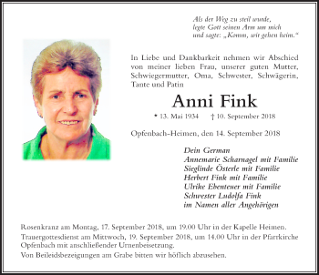 Traueranzeige von Anni Fink von Der Westallgäuer