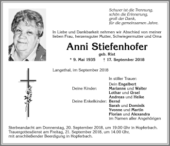 Traueranzeige von Anni Stiefenhofer von Allgäuer Zeitung